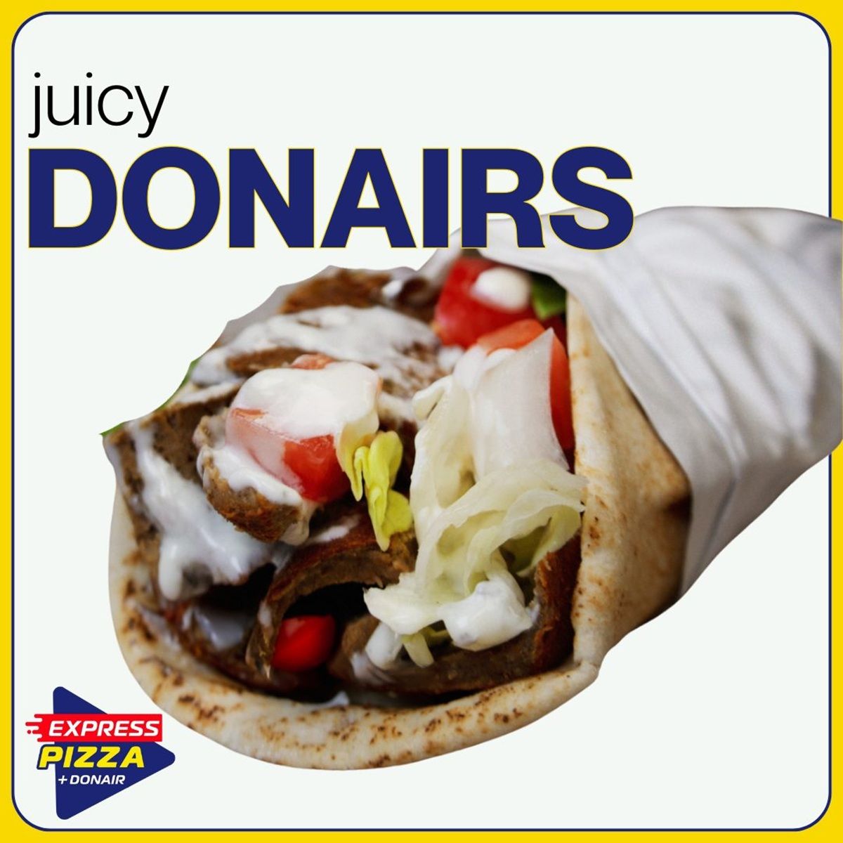 Authentic beef donair with fresh tomatoes, onions, and sweet sauce in a warm pita wrap.