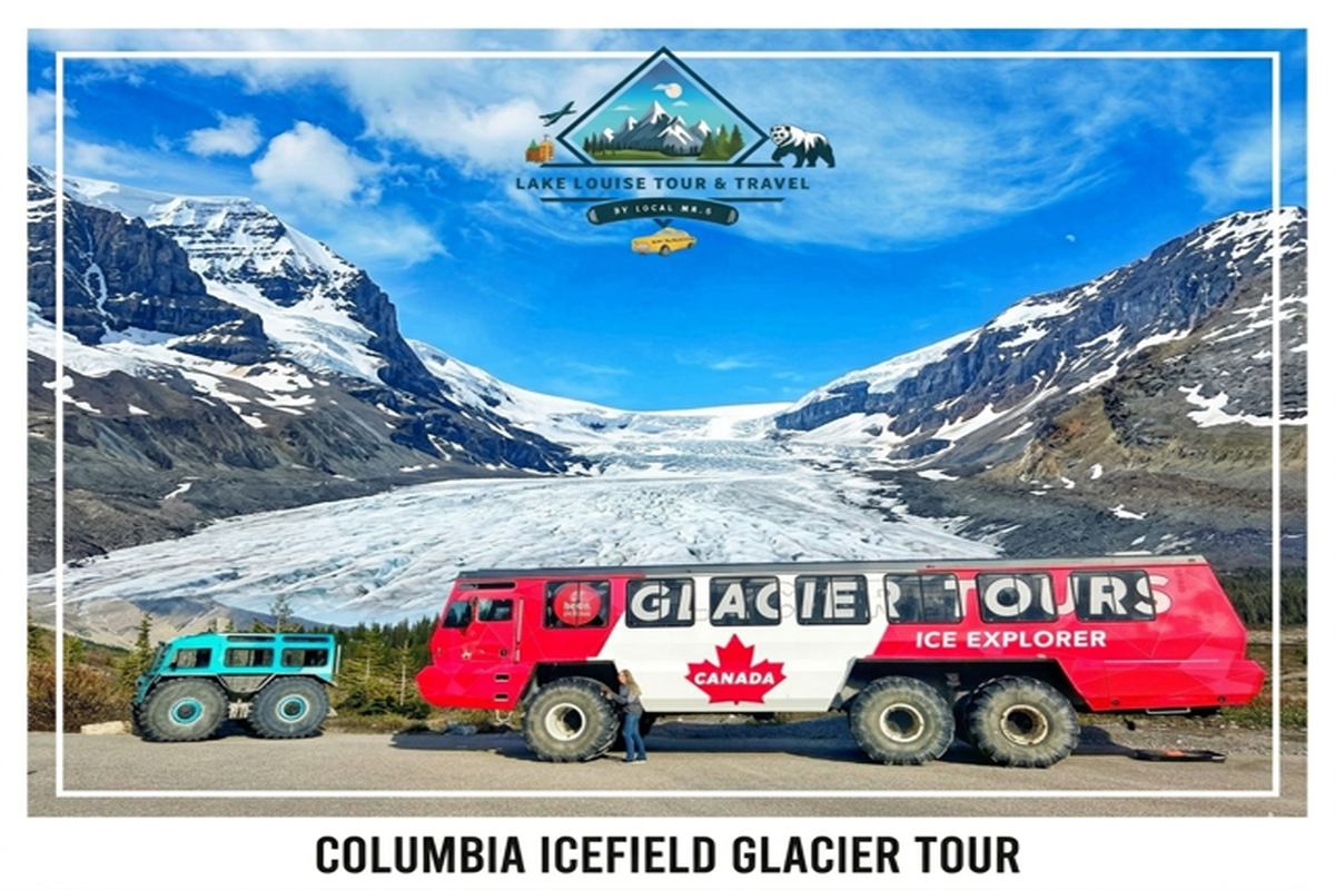 Tour buses parked before Columbia Icefield glacier with Lake Louise Tour and Travel logo above.