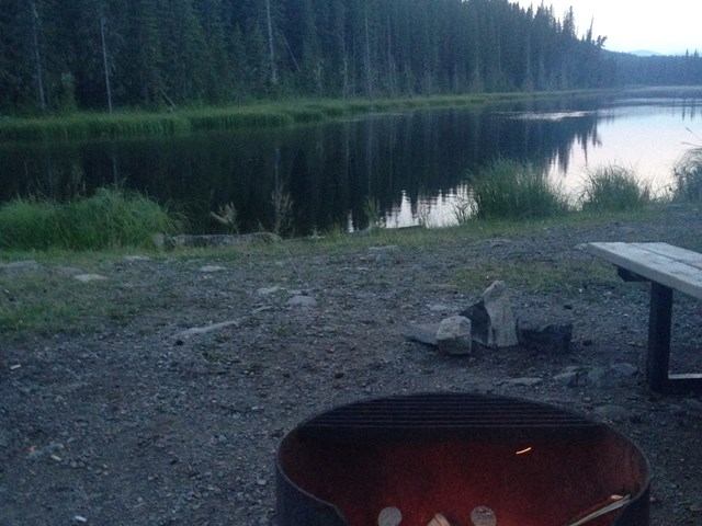 Beaverdam Provincial Recreation Area with a picnic table and fire pit.