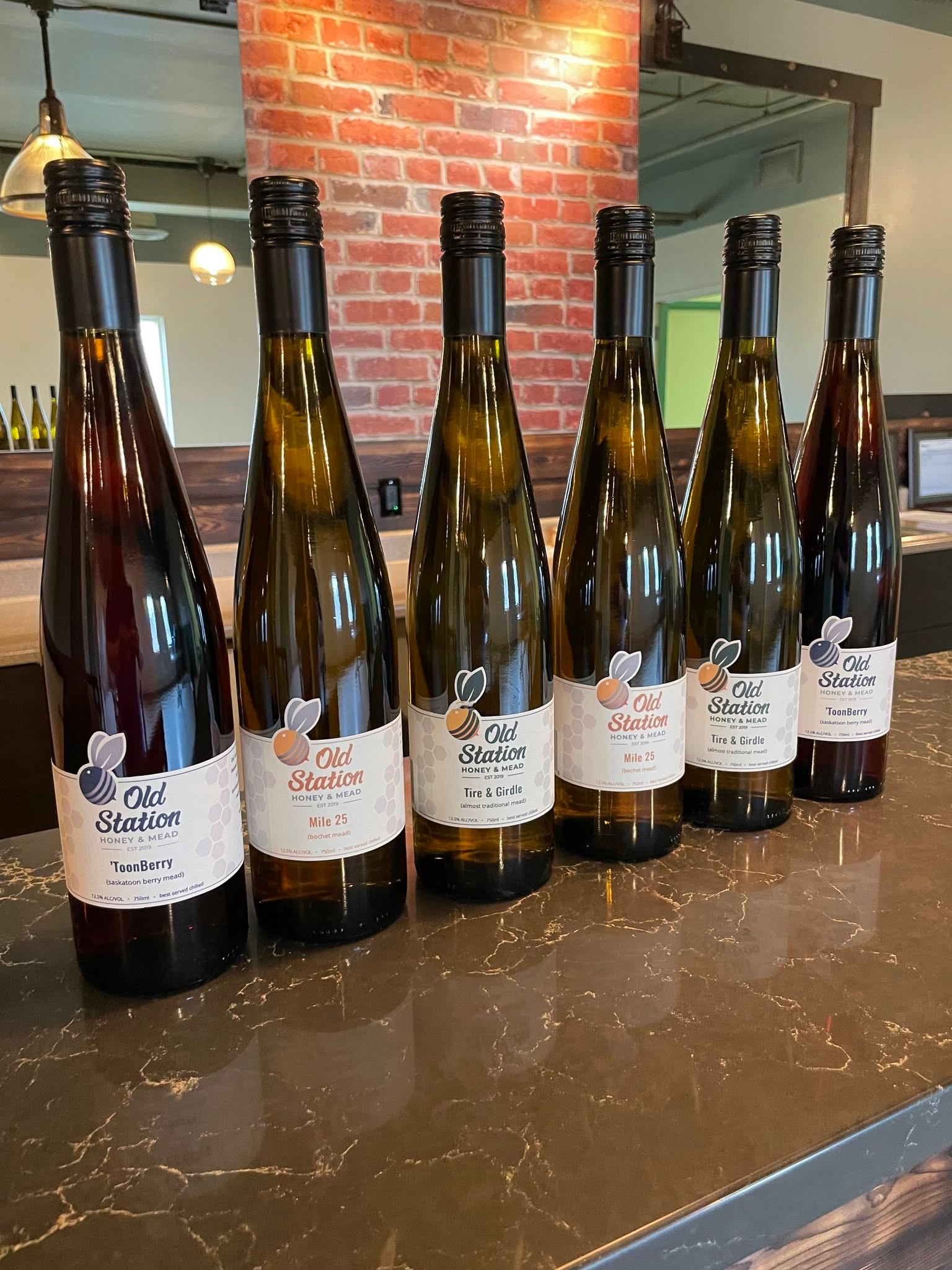 Old Station Honey & Mead presents a selection of handcrafted mead bottles for tasting.