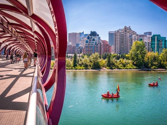 People floating down the Bow River with the Peace Bridge in the foreground.