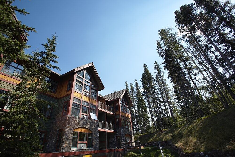 Lodge-style building with balconies and tall pine trees in background