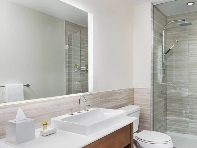 Modern bathroom with glass shower, white sink, and minimalist decor.