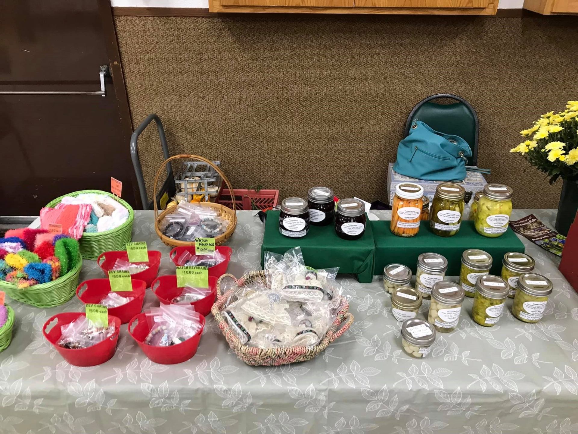 Handmade goods and preserves on display at Andrew Farmers' Market.