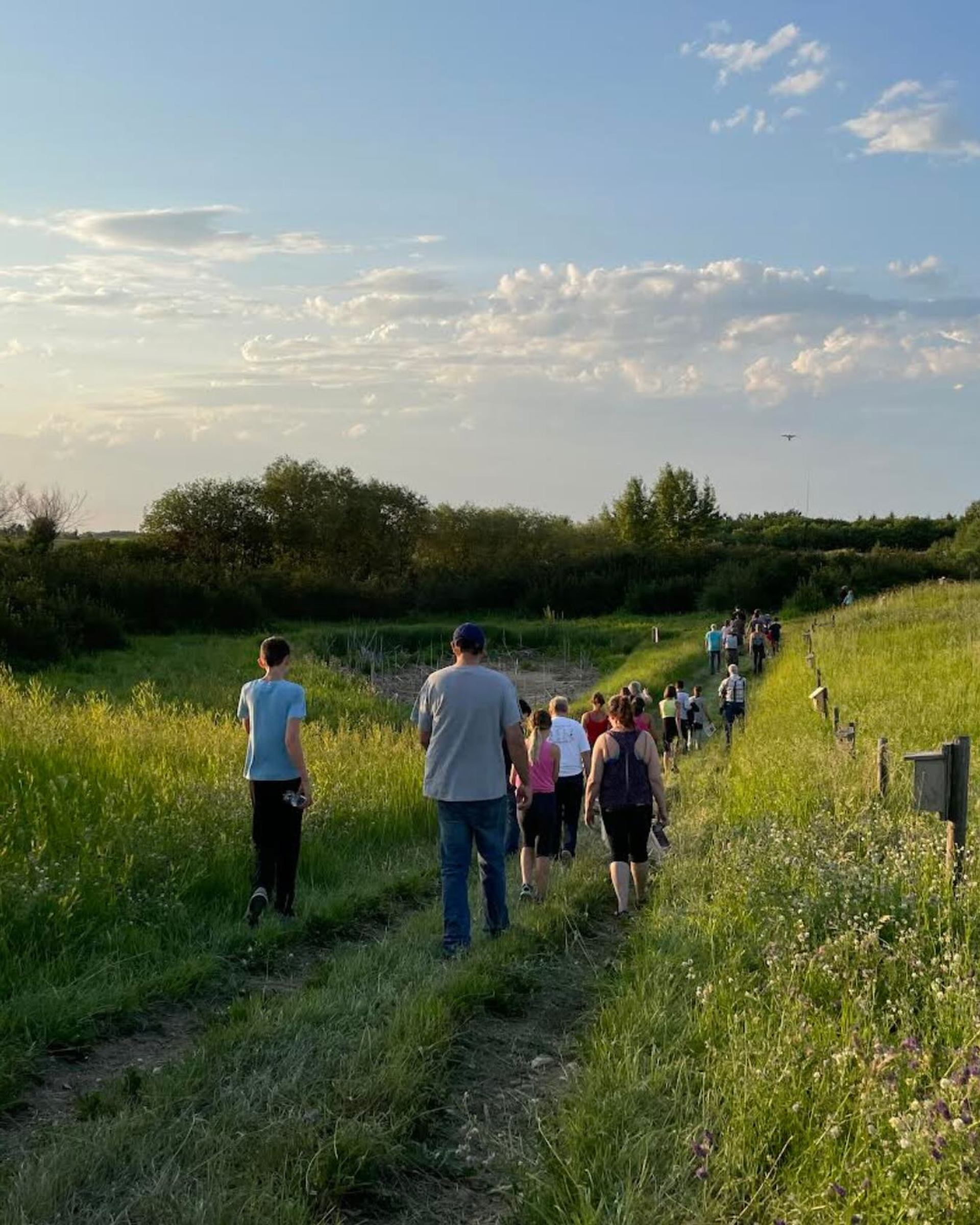 Group of people walking along grassy trail through open field under blue sky.