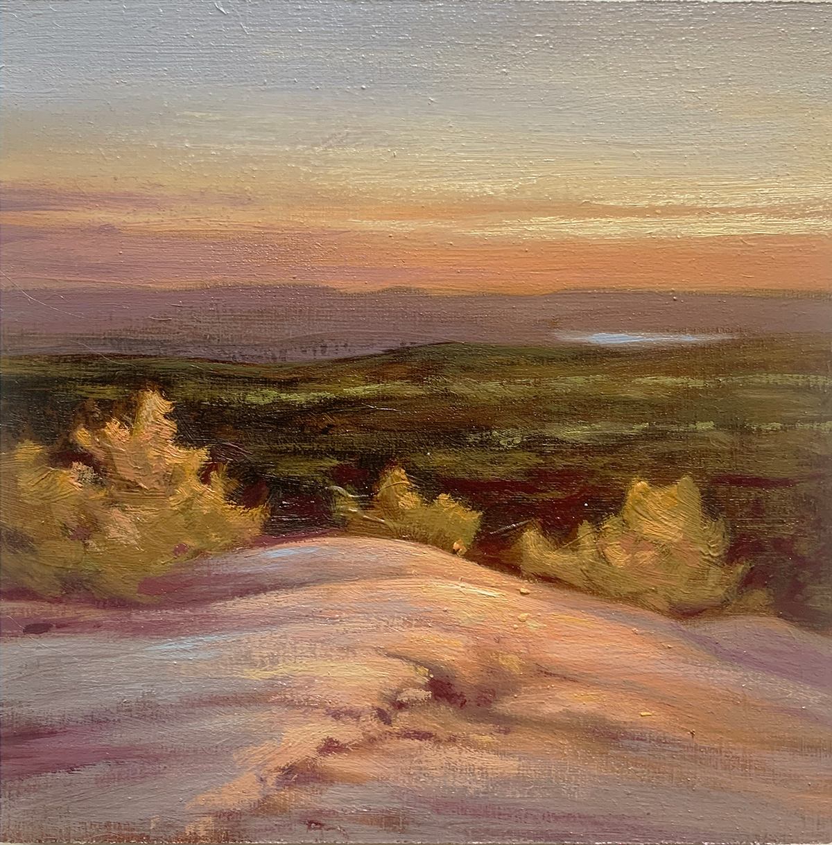 Landscape painting of a snowy hill, evergreen trees and distant mountains under a pink sky.