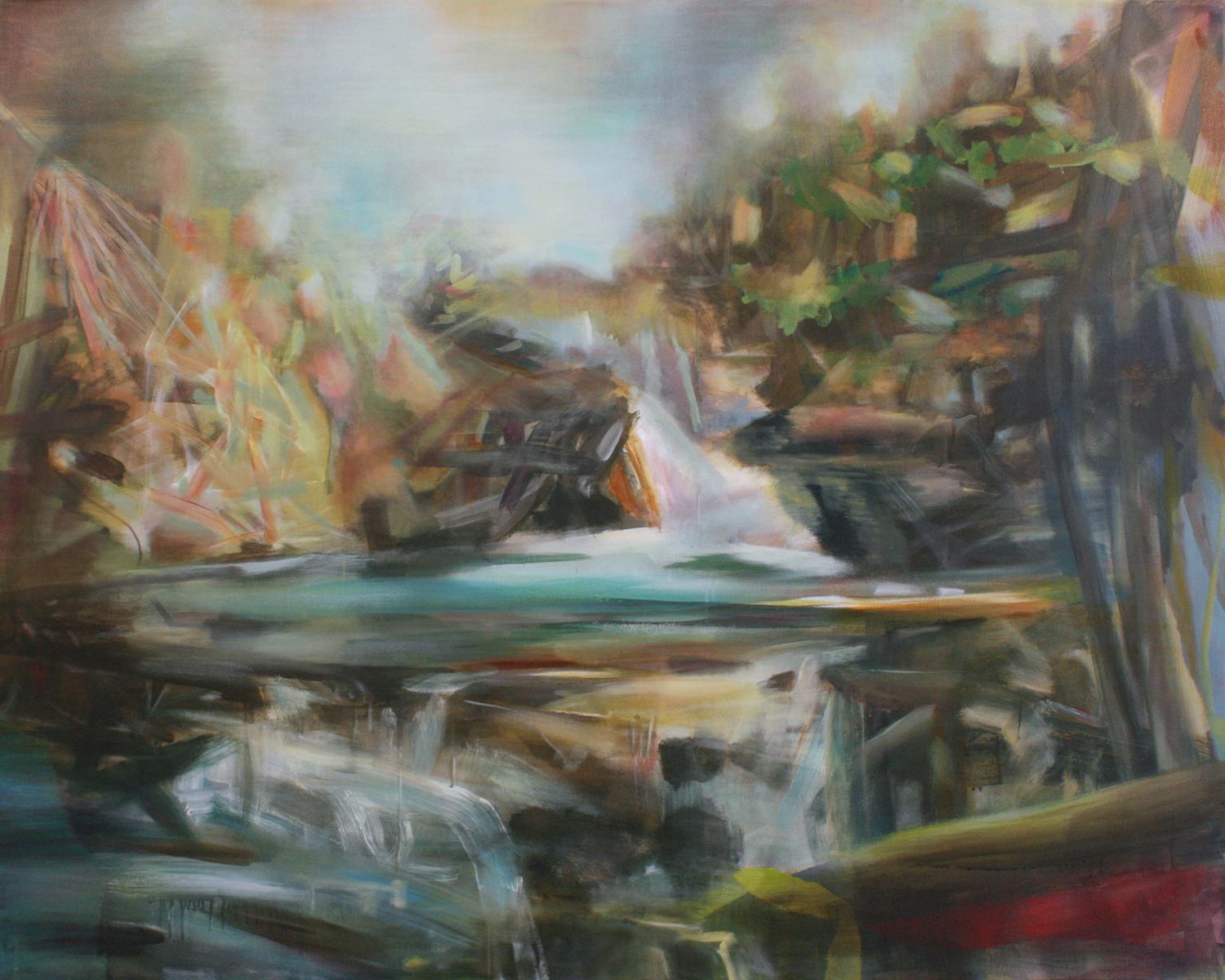 Abstract painting of cascading water, rocks and foliage in muted colours.
