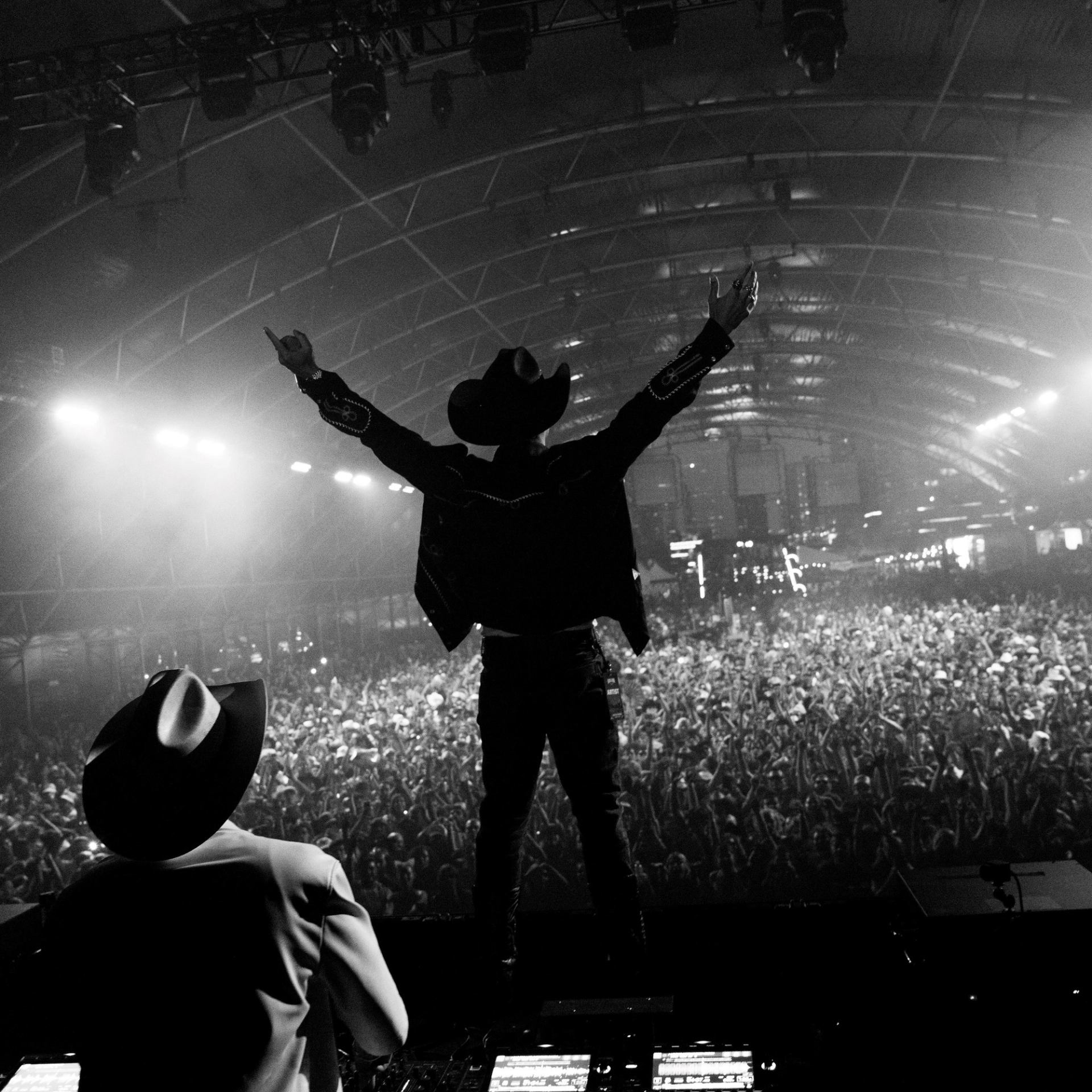 Concert stage crowd, silhouetted performer with arms raised in front of bright lights and speaker.