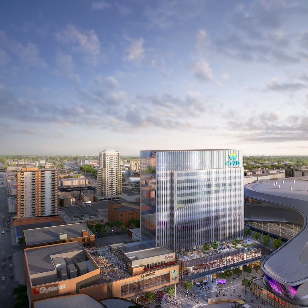 Aerial view of ICE District with CWB tower, arena roof and pedestrian plaza.