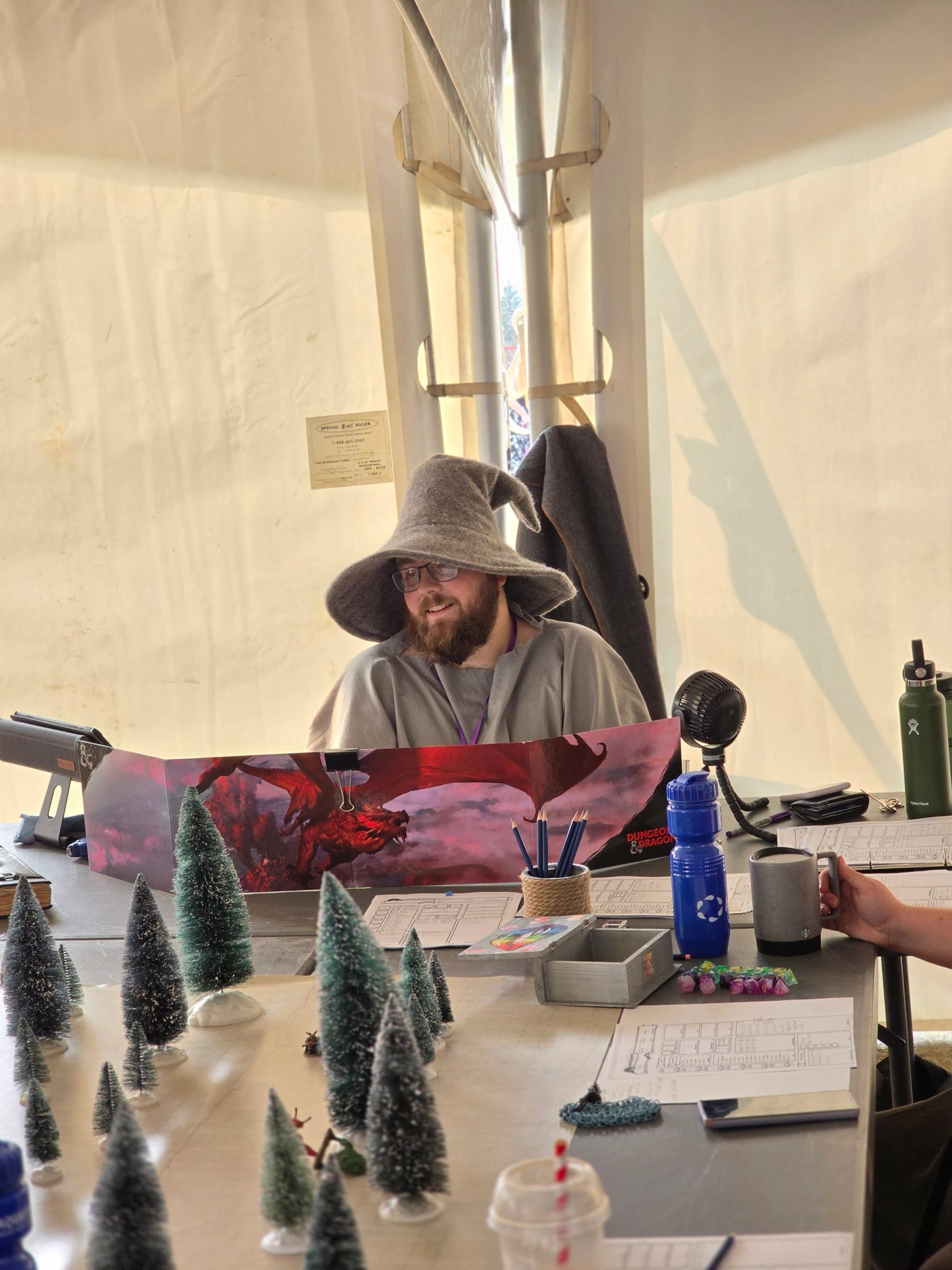 A person in a wizard hat running a tabletop game behind a fantasy-themed GM screen.