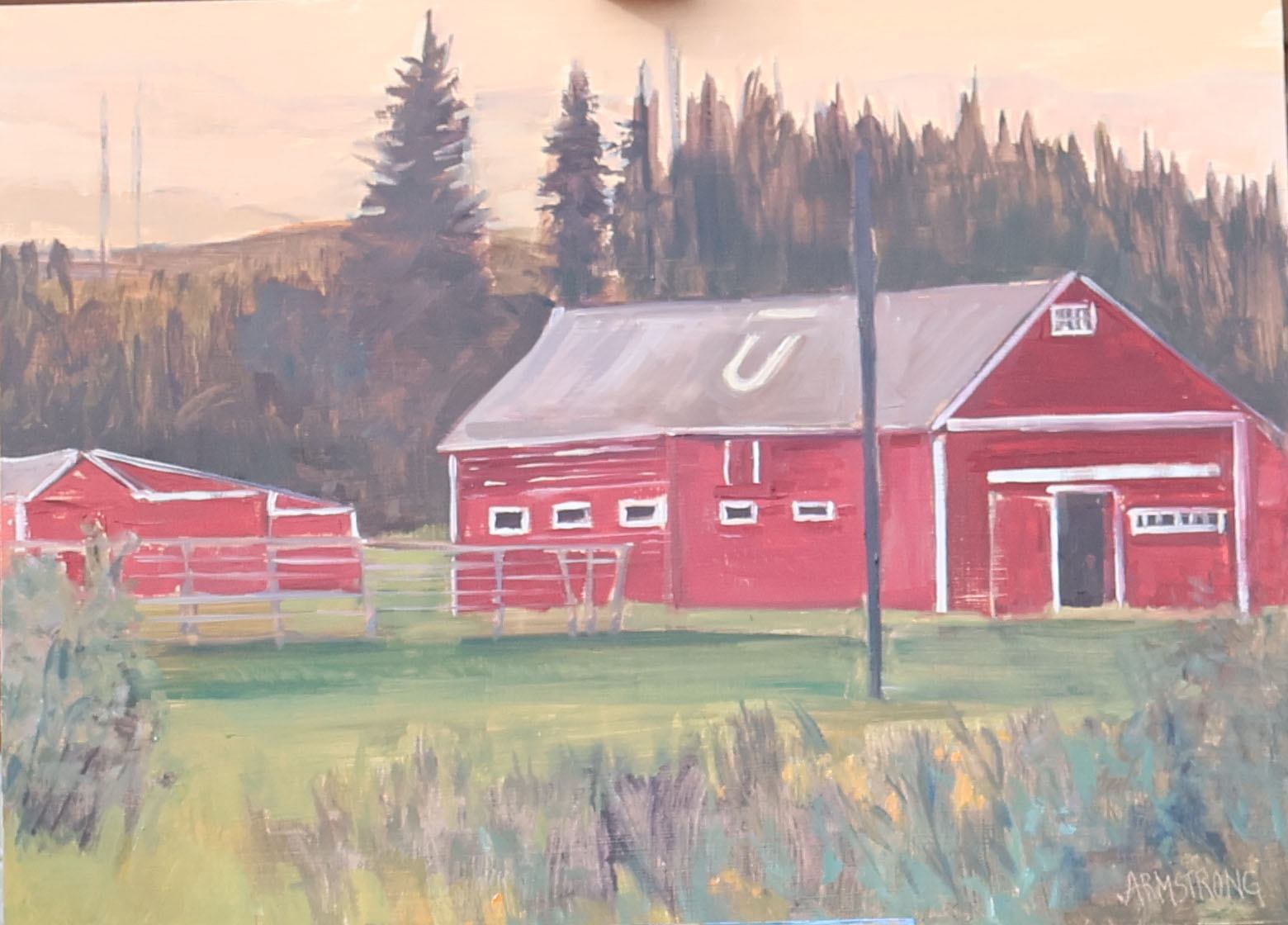 A finished painting of red Bar U Ranch buildings set against trees and open fields.