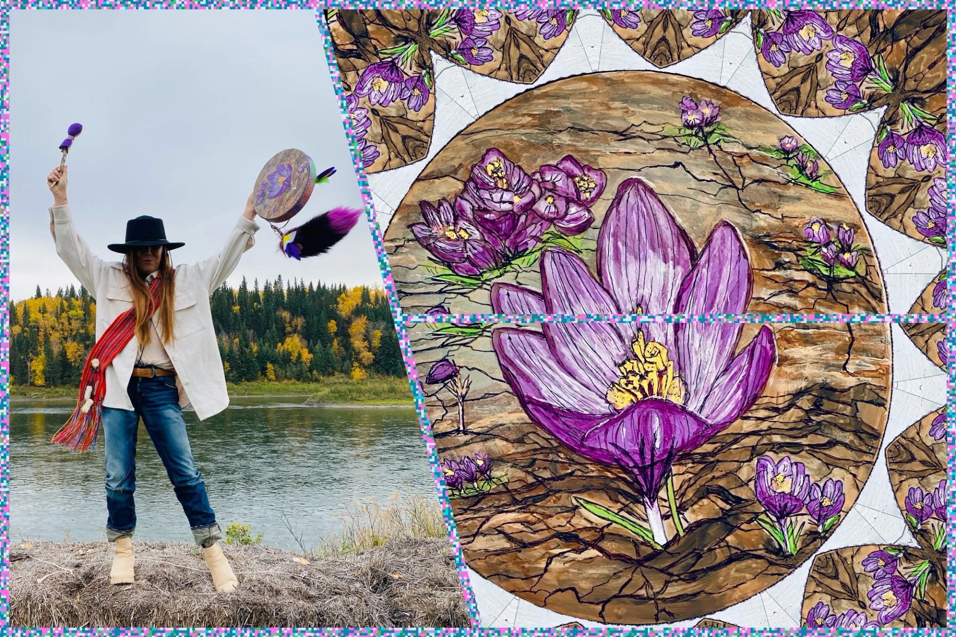 A person drumming by a body of water with autumn trees, alongside an artwork of purple crocus flowers on a cracked earth pattern.
