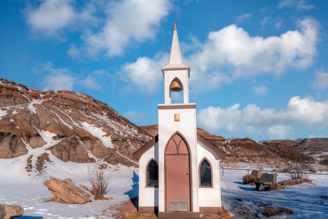 The exterior of Drumheller's Little Church in Alberta.