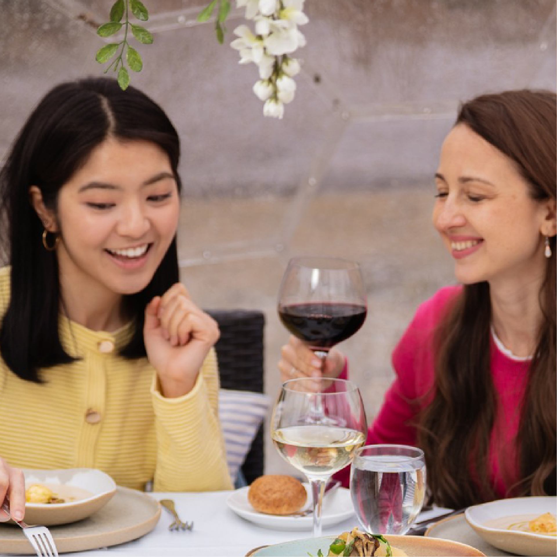 Two diners smile over plates and glasses of red and white wine.