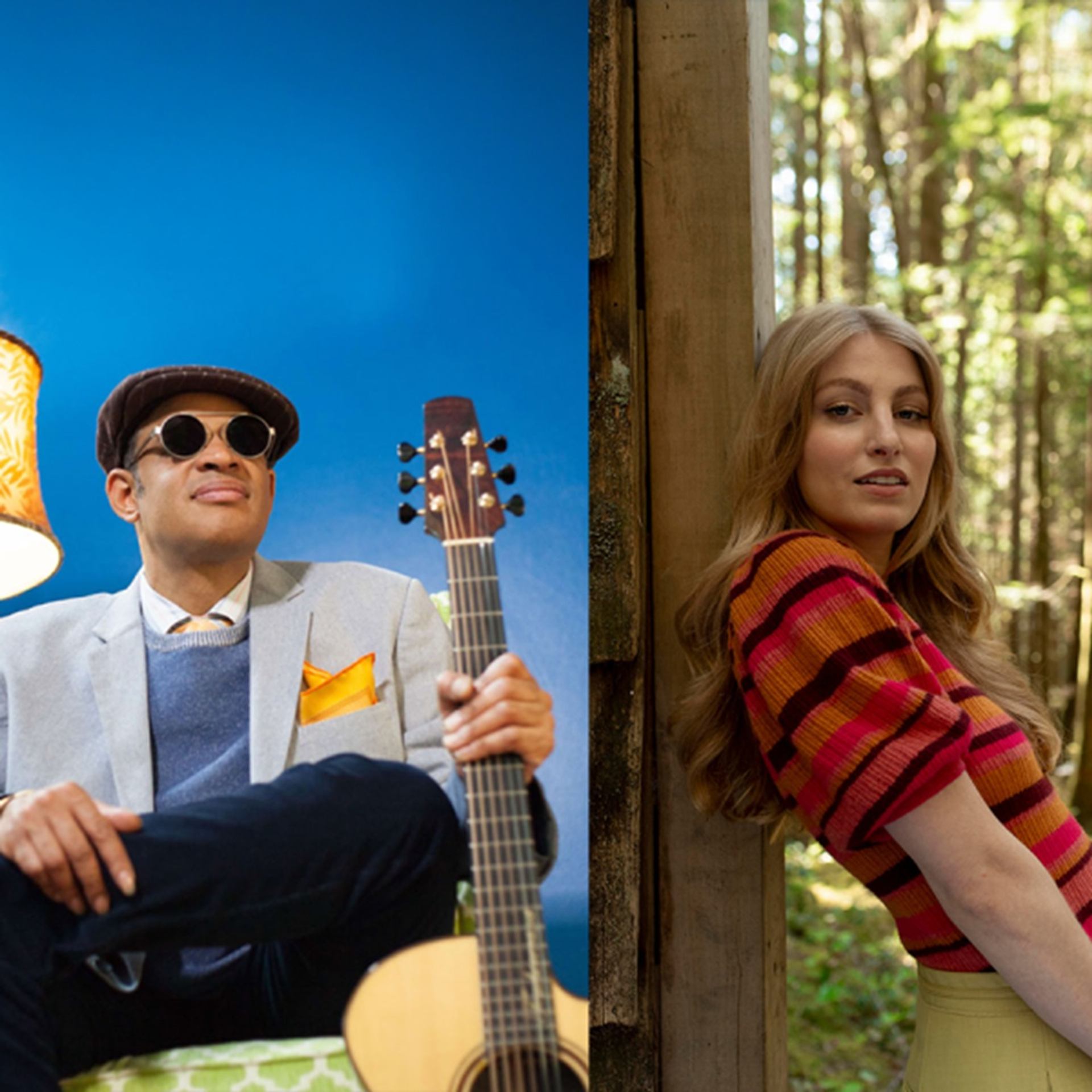 Split image showing man with guitar indoors and woman leaning on wooden wall outdoors.
