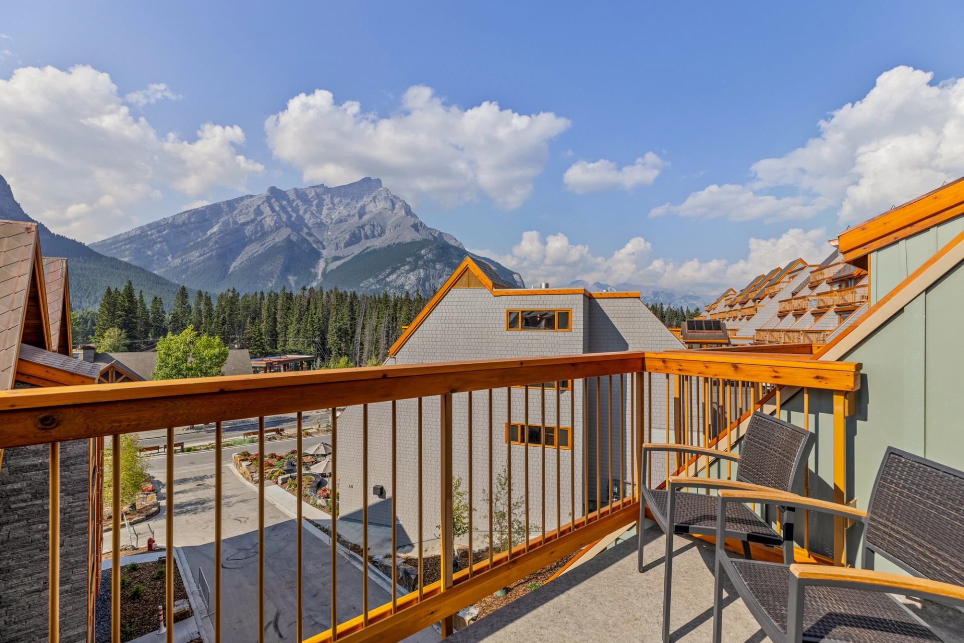 Cascade Mountain views from a top floor patio at the Otter Hotel