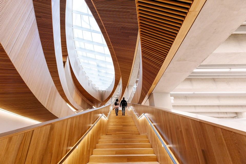 Two people walking up a grand wooden staircase in a modern architectural space.