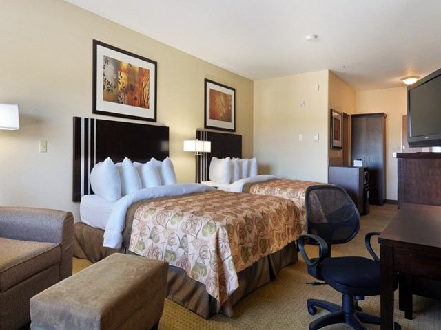 Hotel room with two double beds, TV, desk chair, and framed artwork.