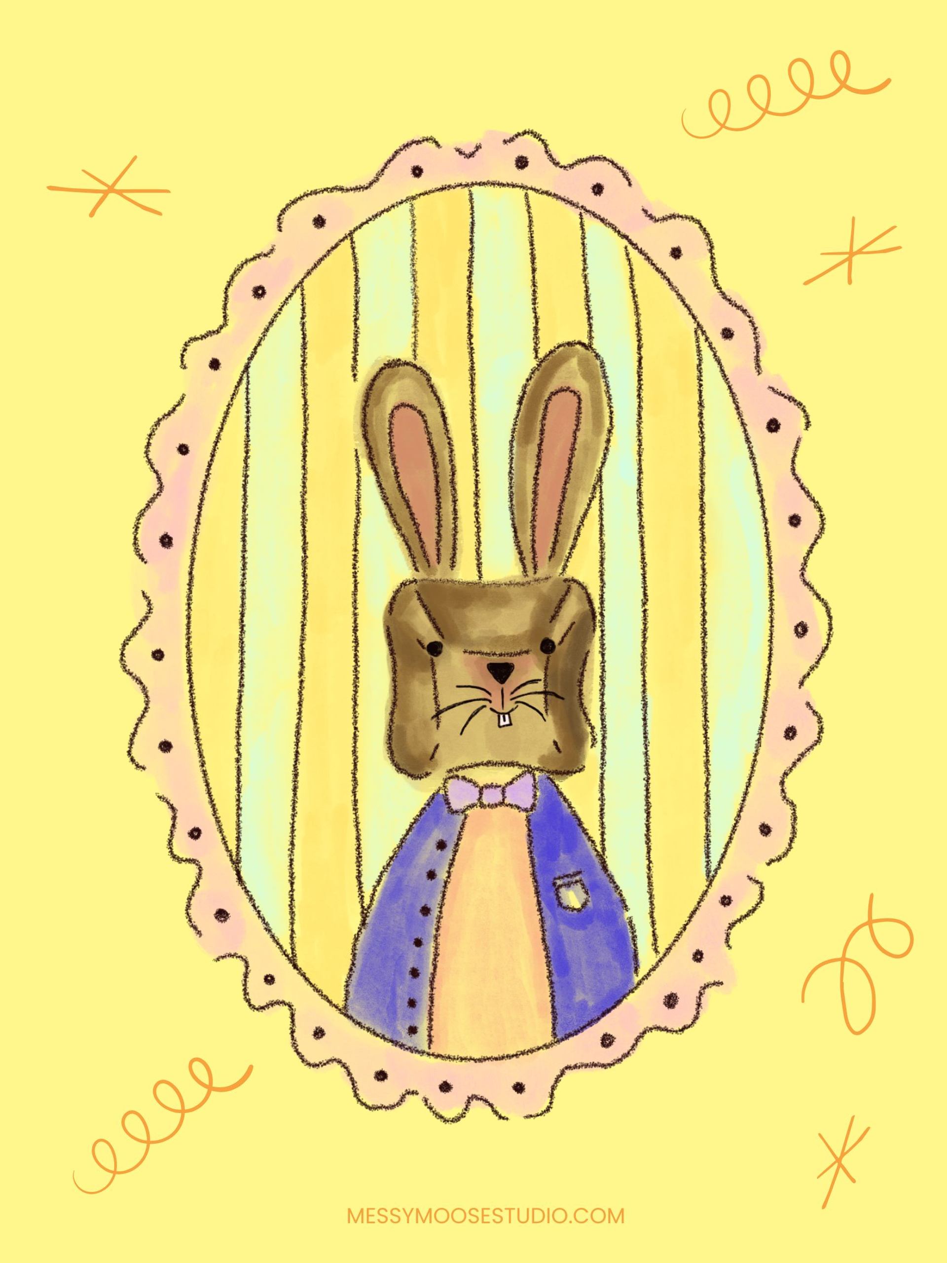 Illustrated rabbit in blue jacket and bow tie framed in pink oval portrait.