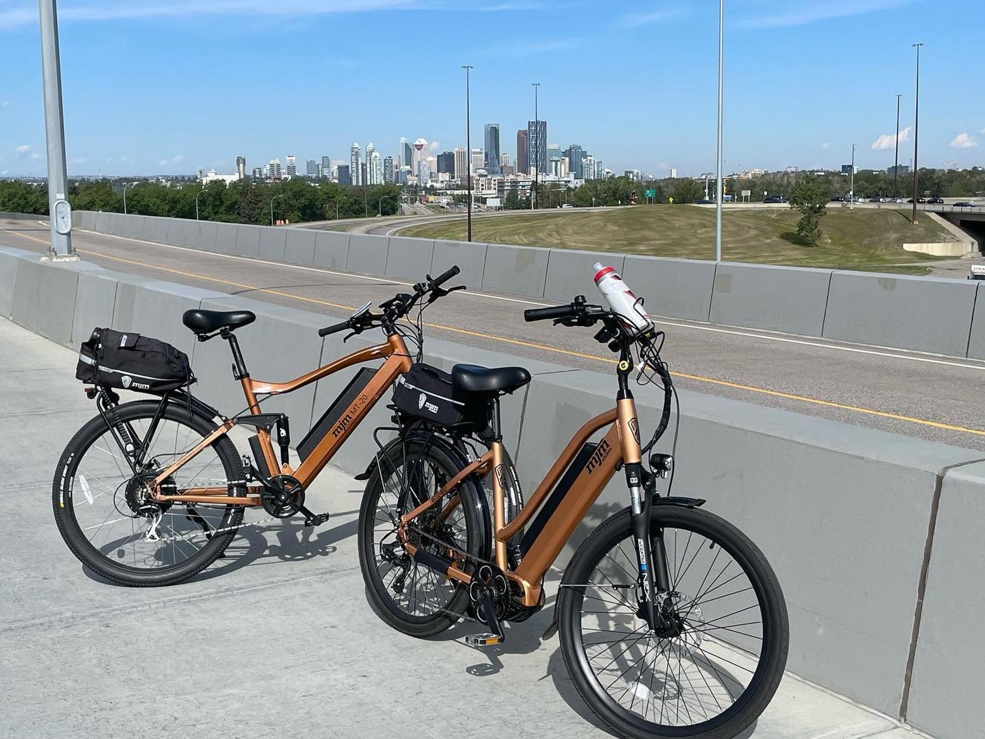 Two electric bicycles are parked on a paved pathway overlooking a city skyline on a clear day.