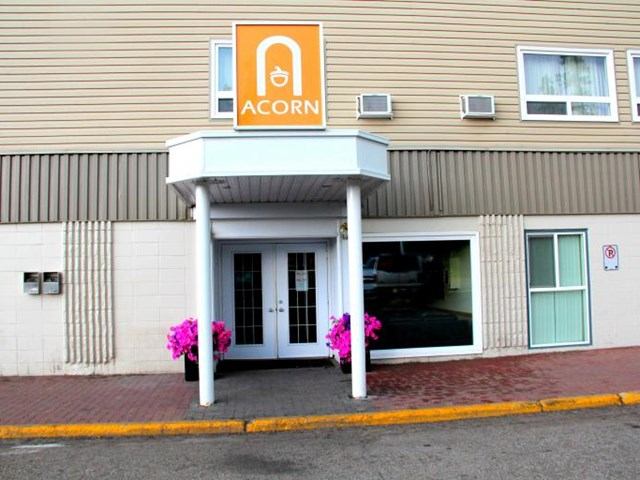 Entrance of Acorn Motel with glass doors, flower pots, and orange signage.