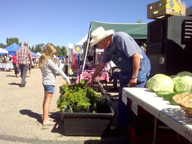 Outdoor market with produce stalls, shoppers, and colorful vendor tents.