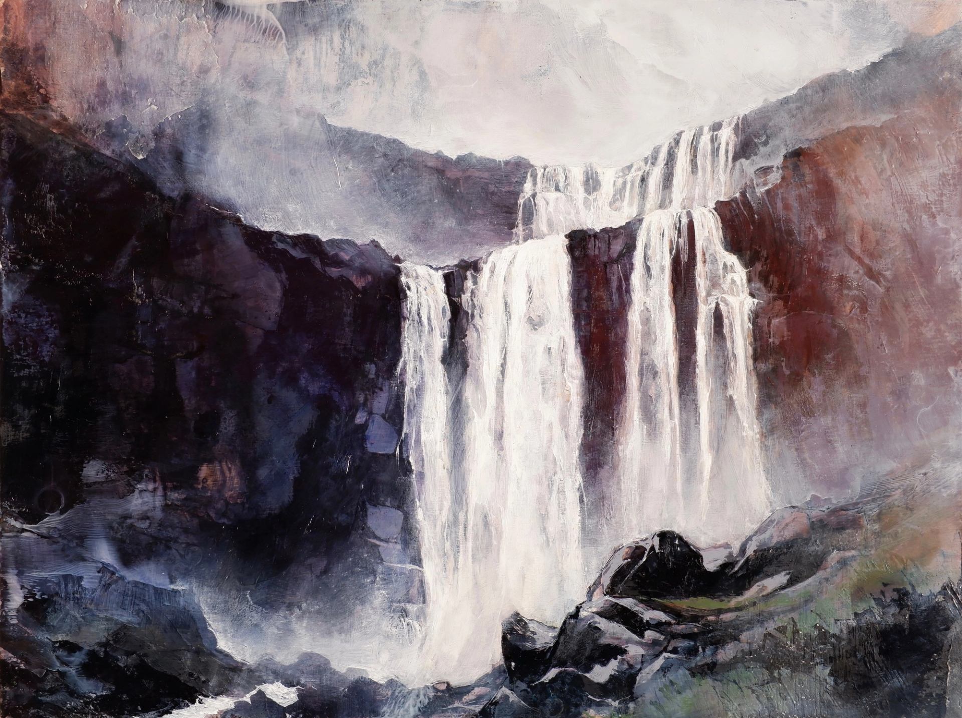 Painted waterfall cascading between rocky cliffs, viewed in an art gallery.
