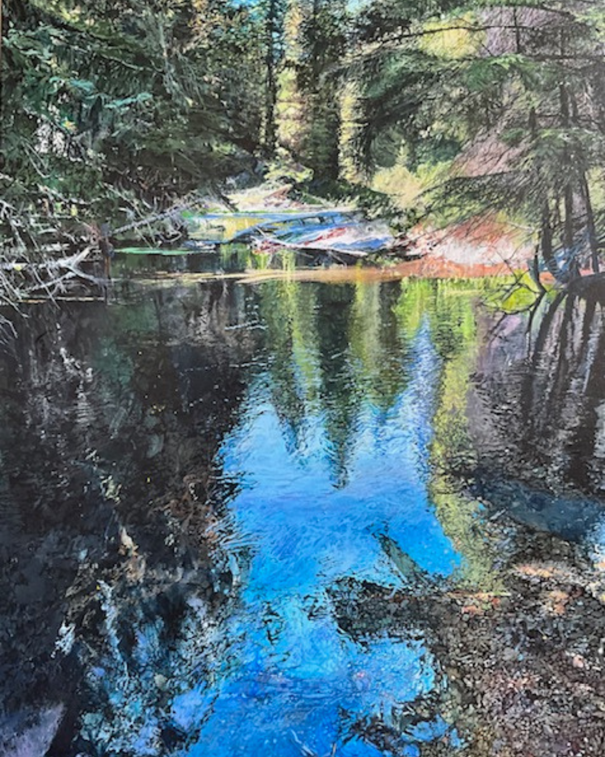 A painting of a natural scene, a body of water with reflections of trees and the sky.