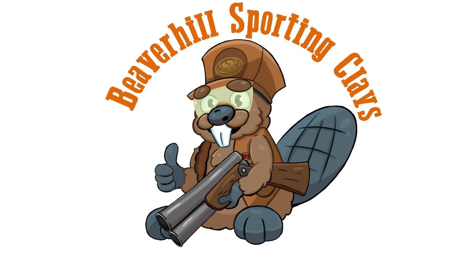 Cartoon shooting clay instructor mascot in cap and gloves, with shotgun and sign text.