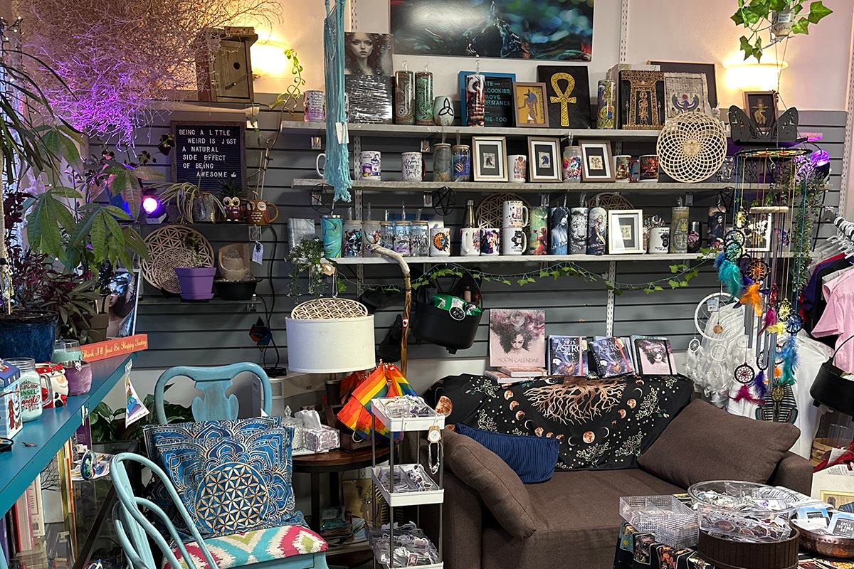 coffee mugs and magical treat adorn the shelves in a comfy and inviting storefront.