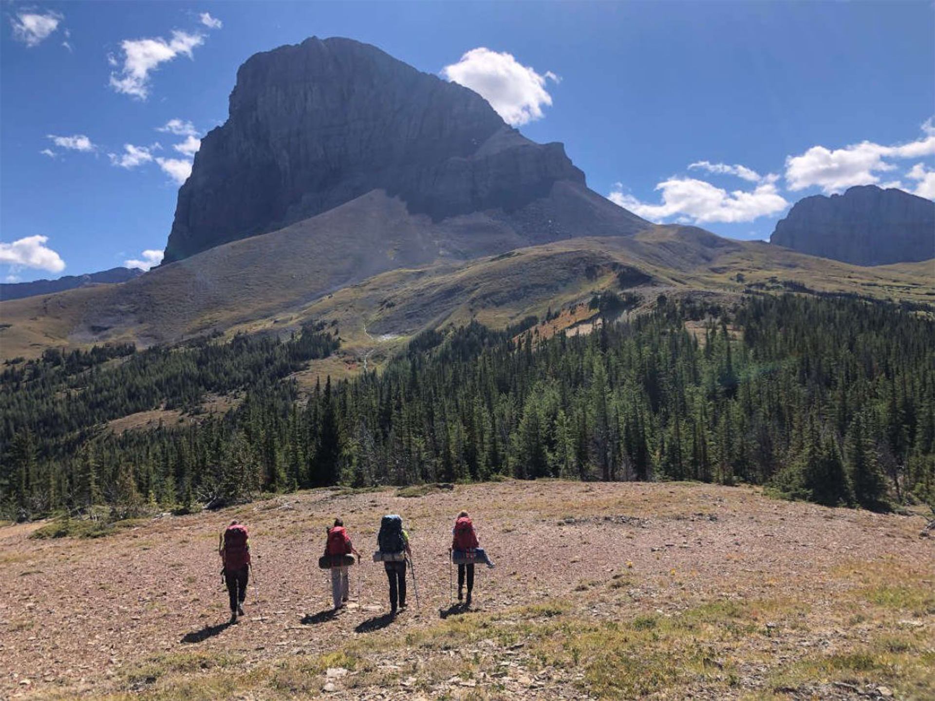 Hikers with backpacks walk across open meadow toward large rocky mountain and forest.