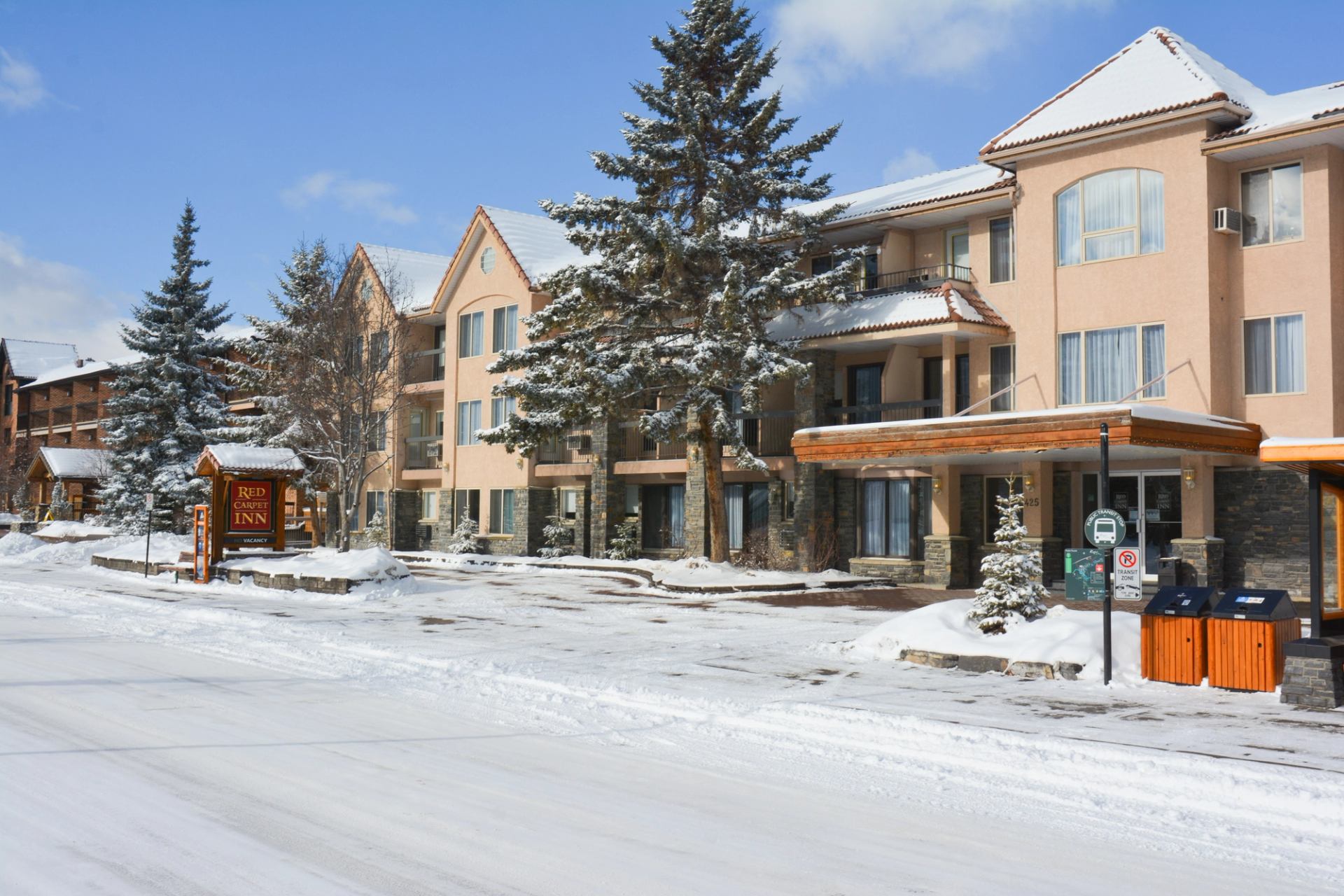 Snow-covered street with multi-story buildings and evergreen trees.