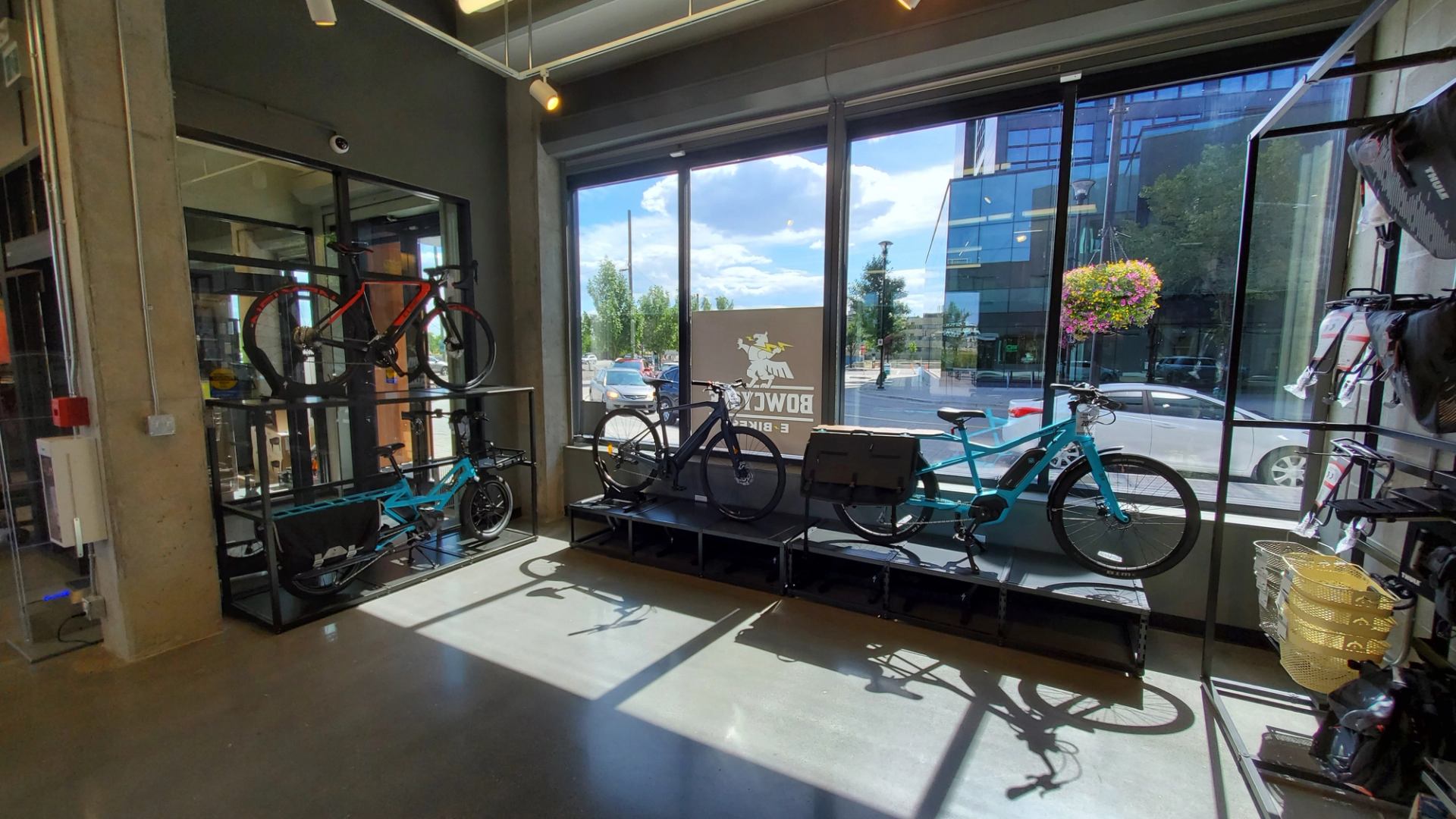 Bicycle shop interior with bikes on display near large windows and natural light.