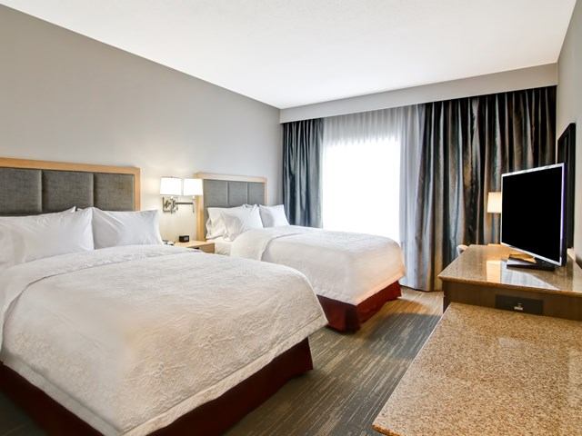 Hotel room at Hampton Grande Prairie with two beds, TV, lamps, and large window.