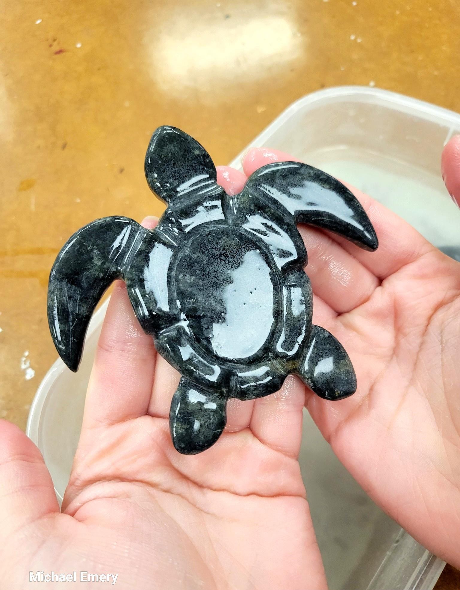 Hands hold a polished black stone turtle above a water-filled container.