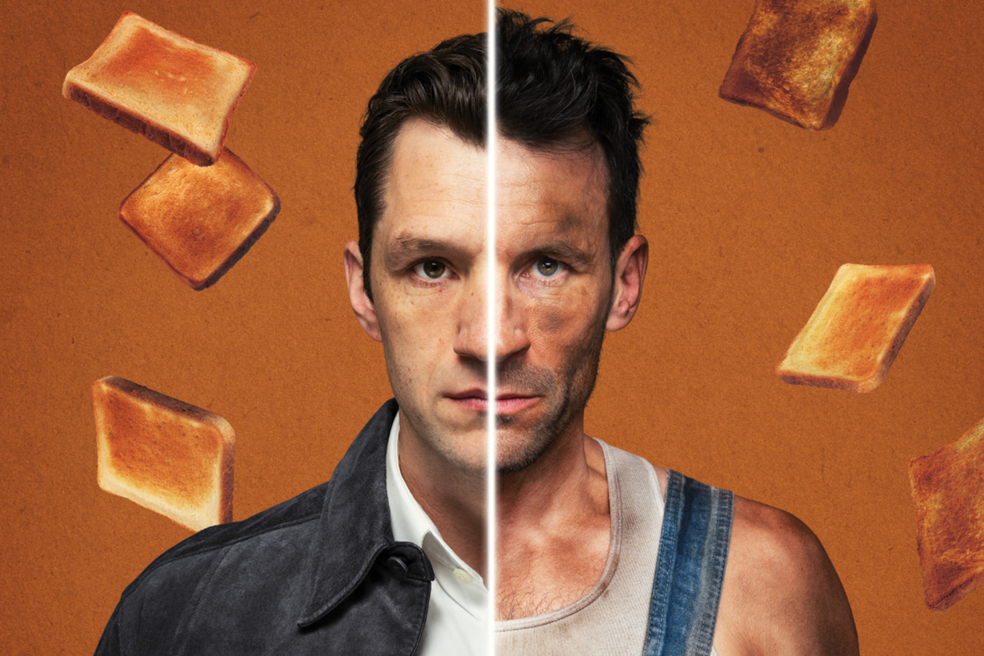 Split portrait of man in clean jacket and dirty overalls, surrounded by floating toast slices.