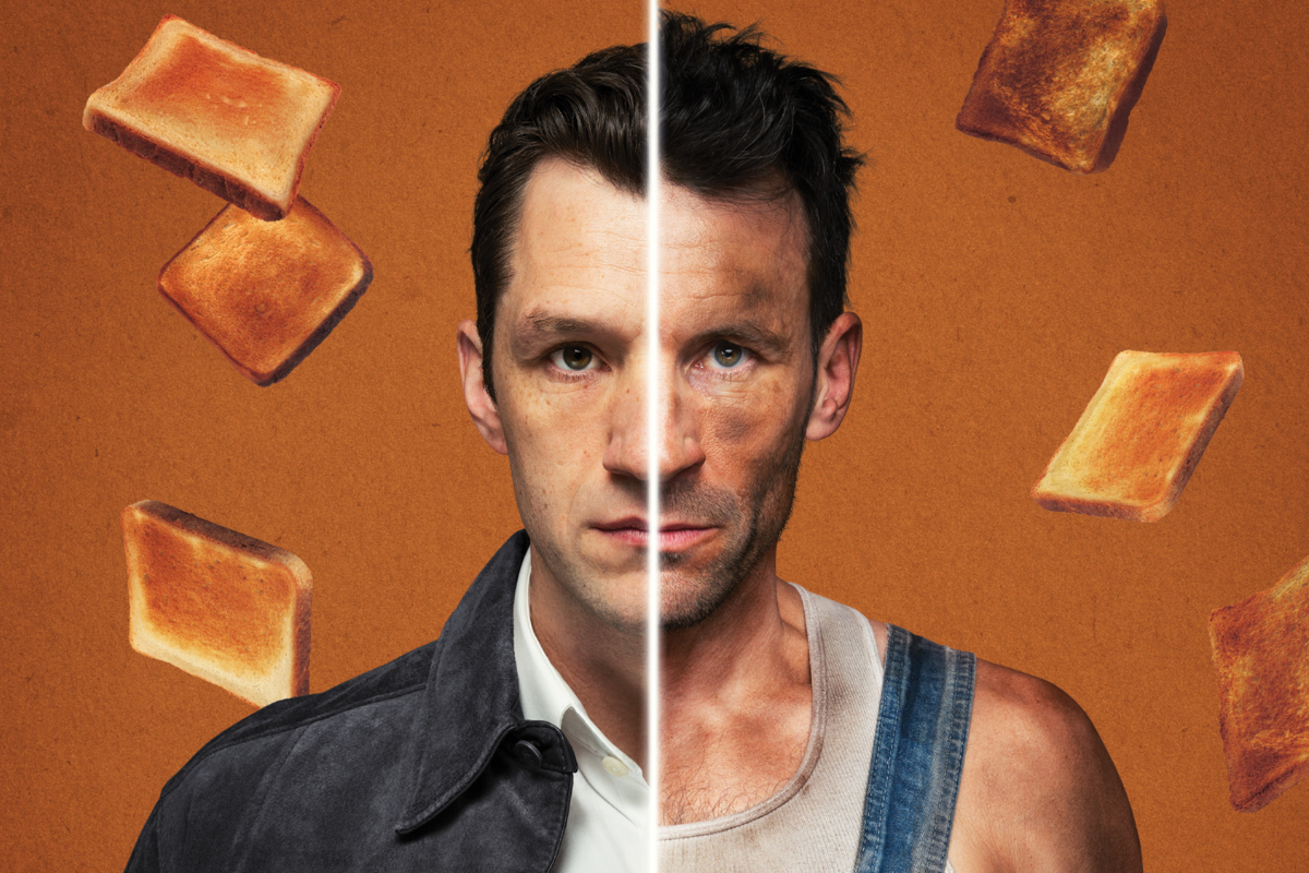 Split portrait of man in clean jacket and dirty overalls, surrounded by floating toast slices.