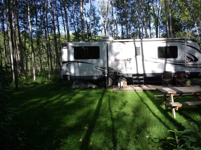 RV parked in grassy, wooded area with camping setup under tall trees and sunlight.