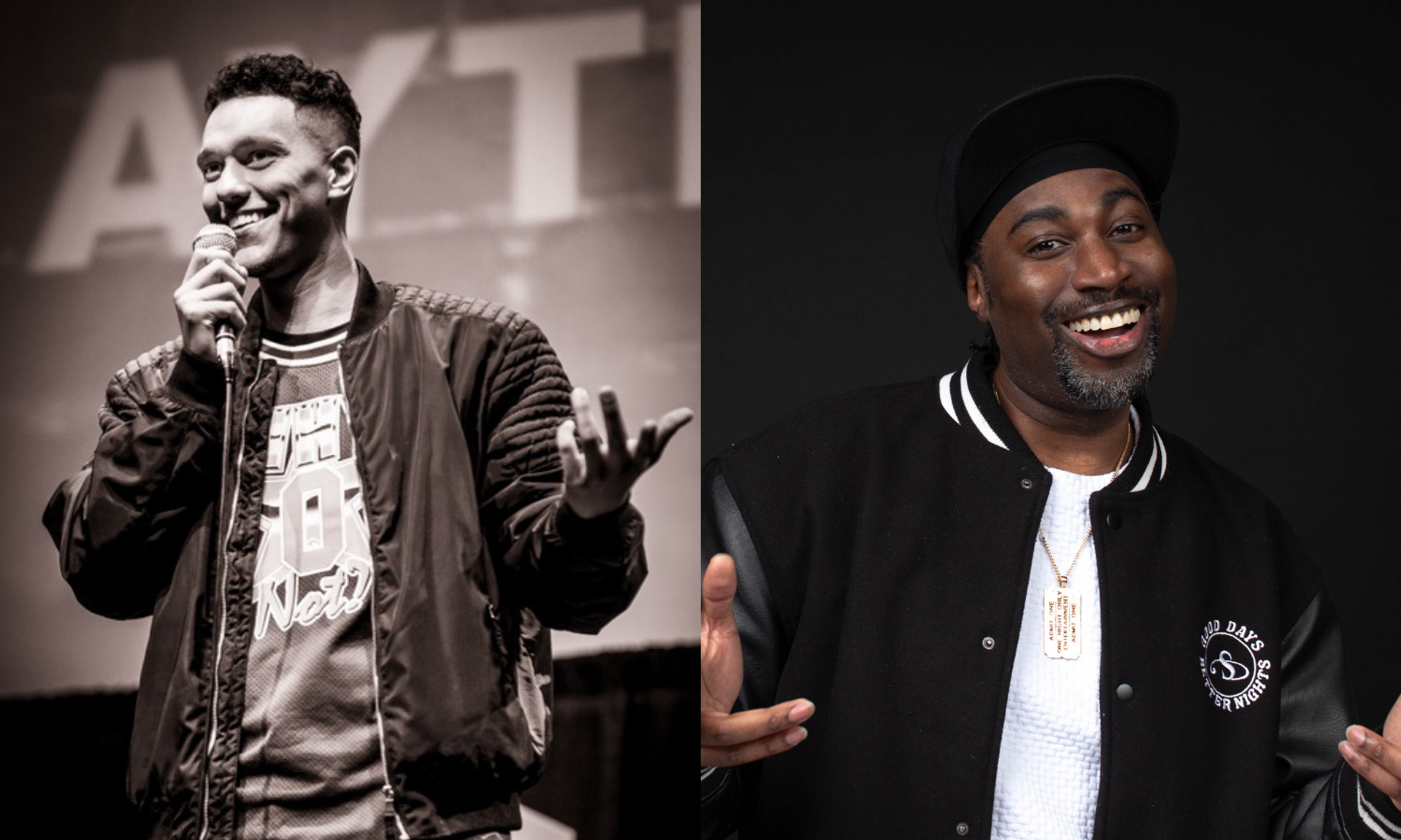 Split image of two men in jackets, one holding a microphone on stage.
