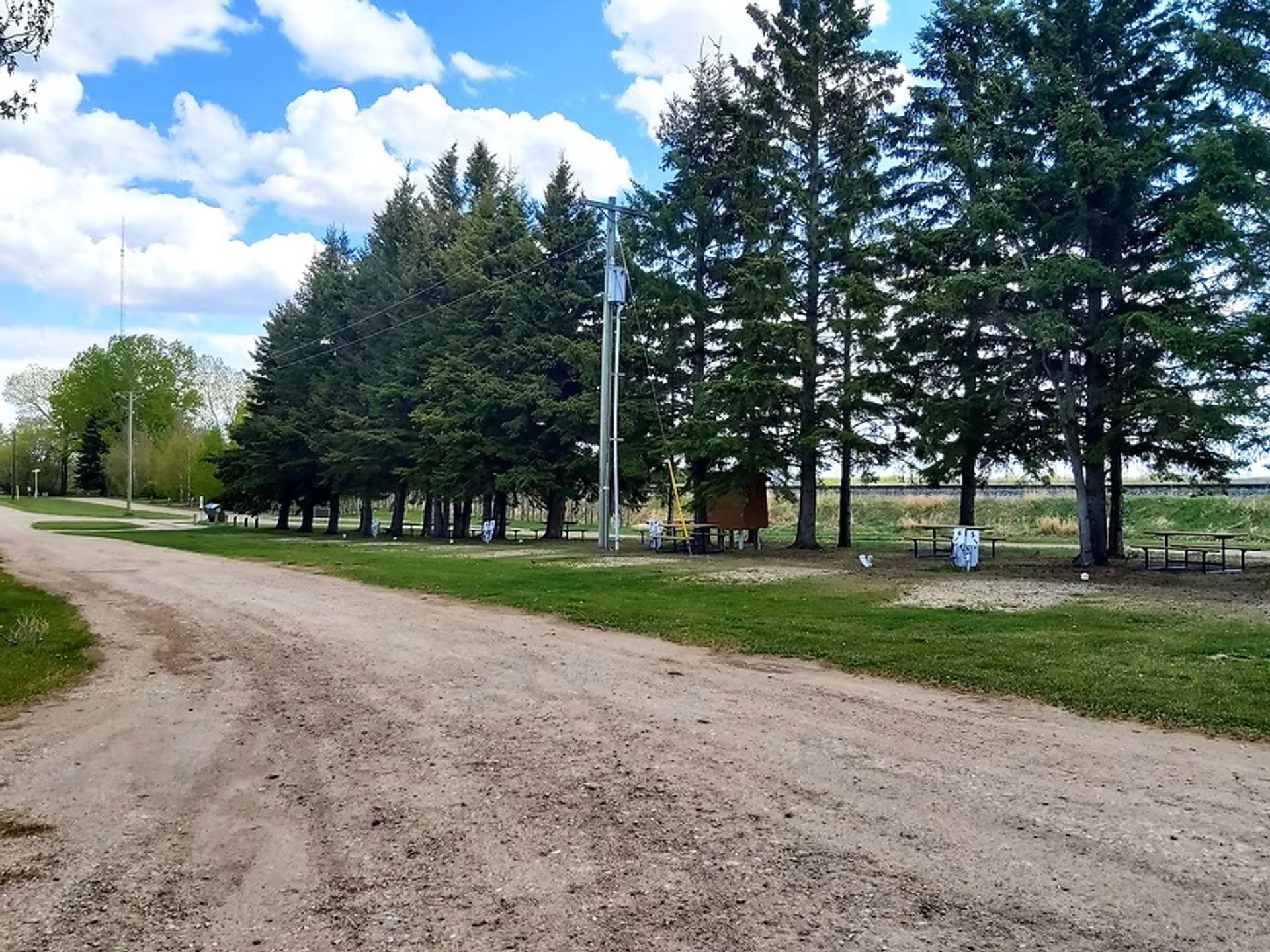 A gravel campground road winds past tall trees, picnic areas, and open green spaces beneath a blue sky.