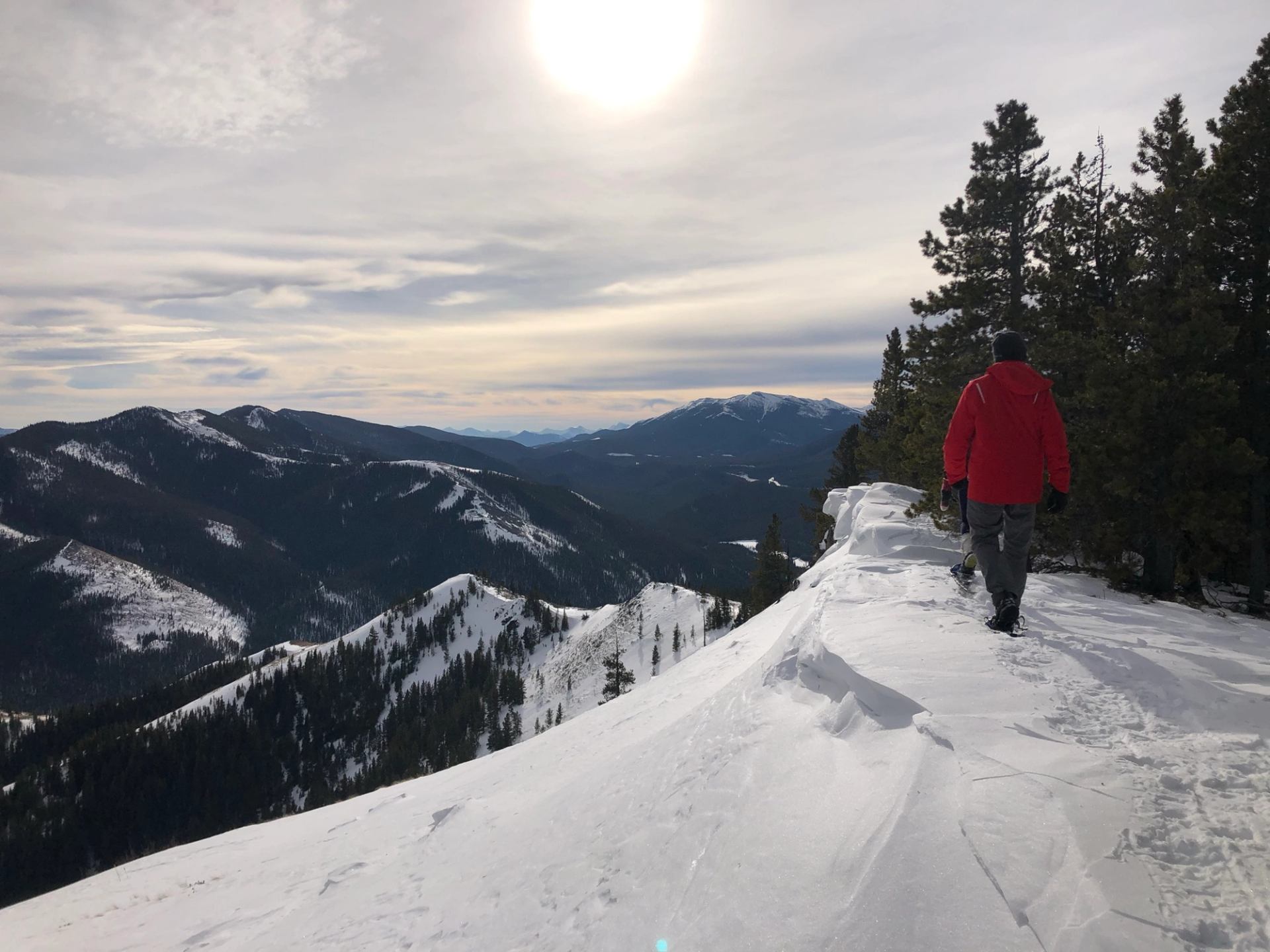 Person in a red jacket walking along a snowy ridge with mountains and trees under a bright winter sun.