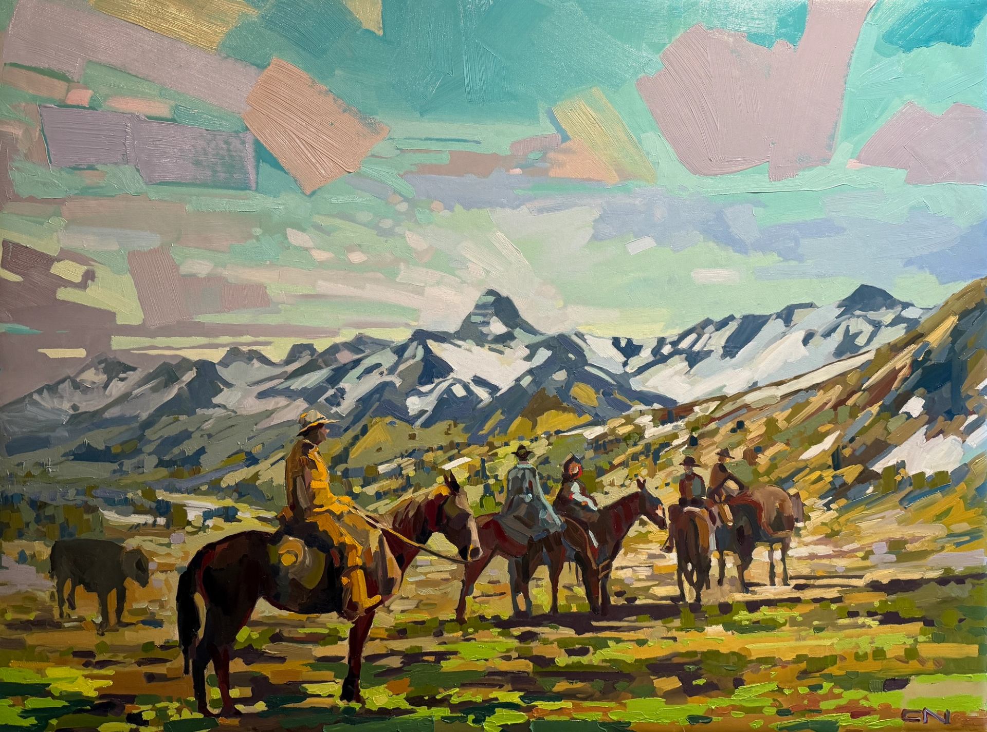 Stylized painting of cowboys on horseback in a vast mountain landscape with snow-capped peaks.