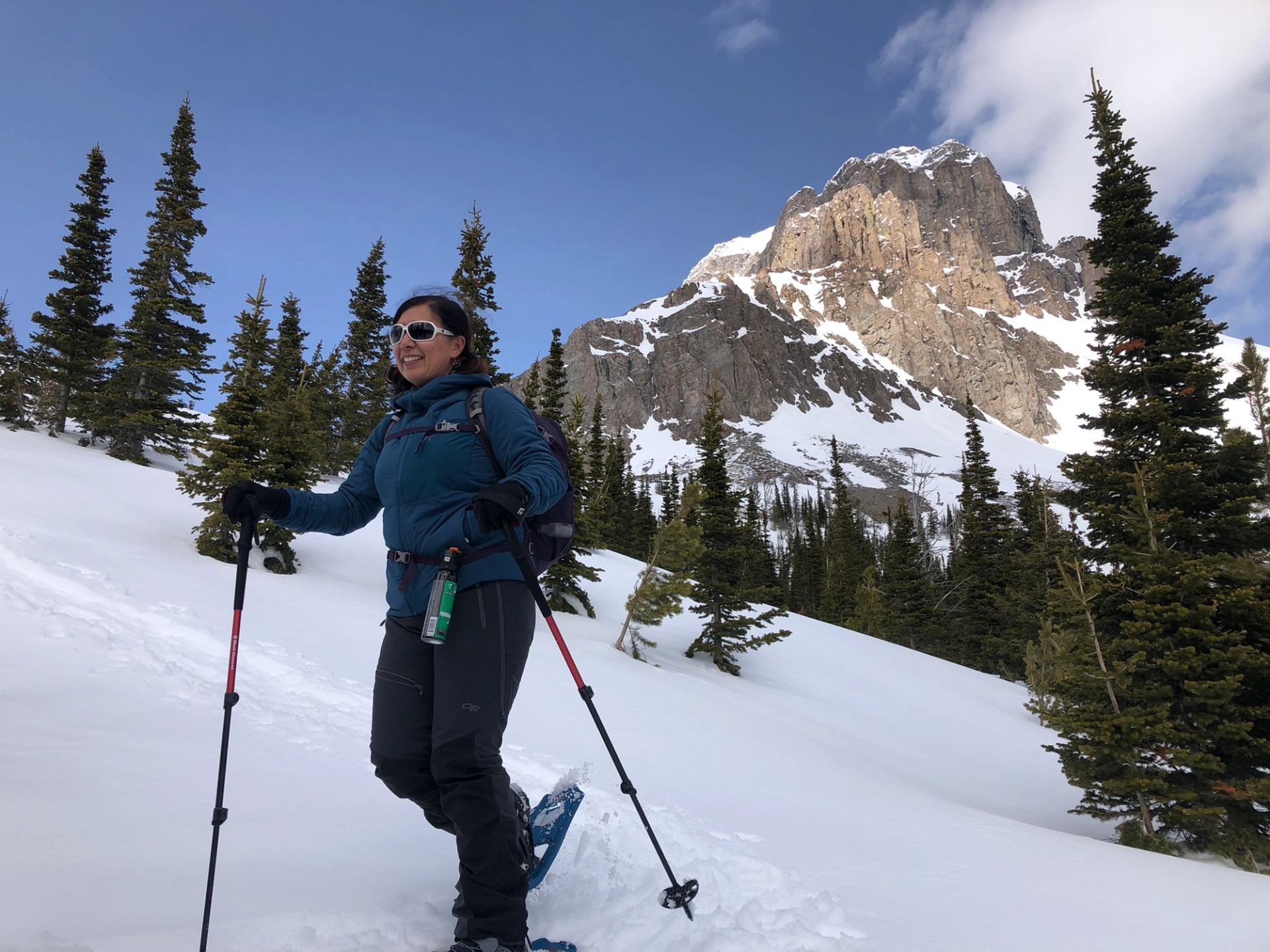 Snowshoer trekking through snowy alpine forest with towering rocky peak in the background.