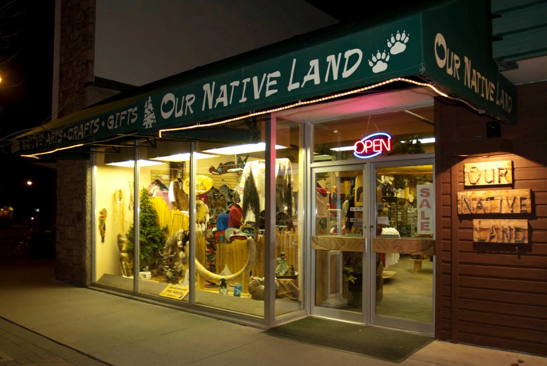 Storefront of Our Native Land with crafts and gifts inside.