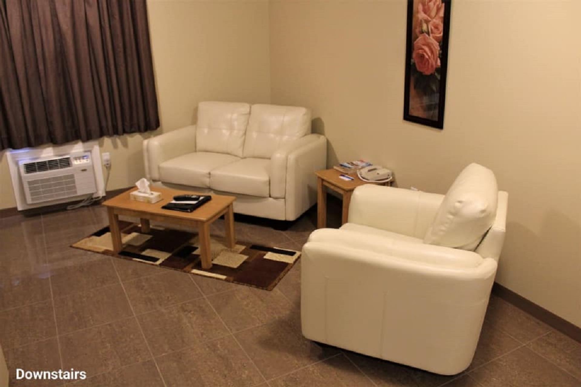 Hotel suite living area with sofa, armchair, coffee table, and air conditioner.