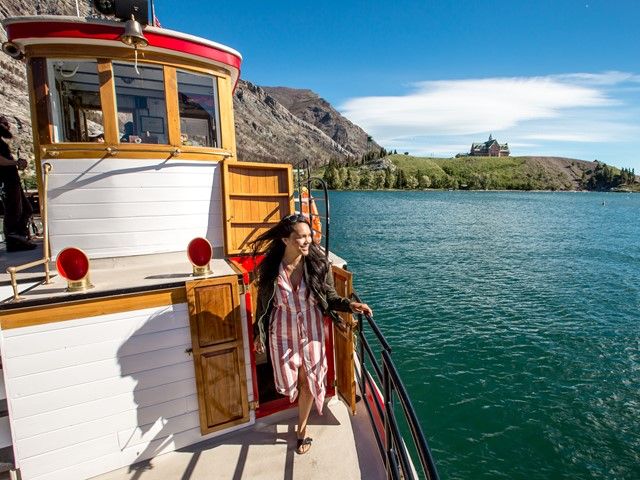 Women on the boat of a Shoreline Cruise at Waterton Lake.