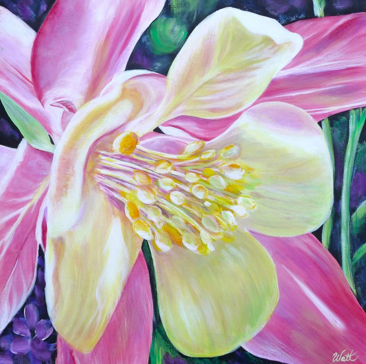 Close-up painting of a vibrant pink and yellow flower with green leaves.