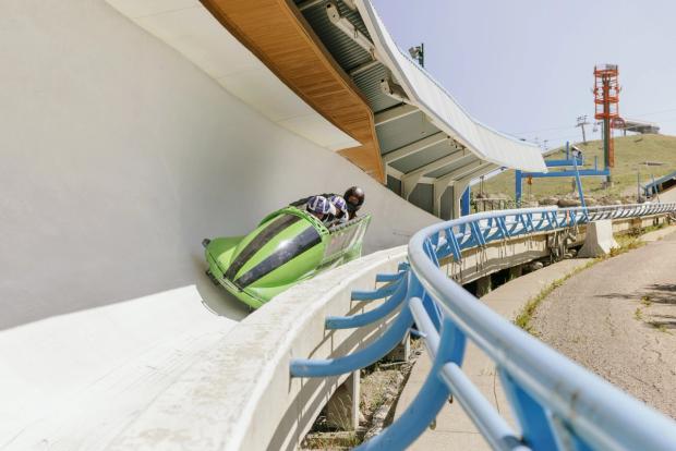 Summer bobsledding on the track at WinSport in Calgary.