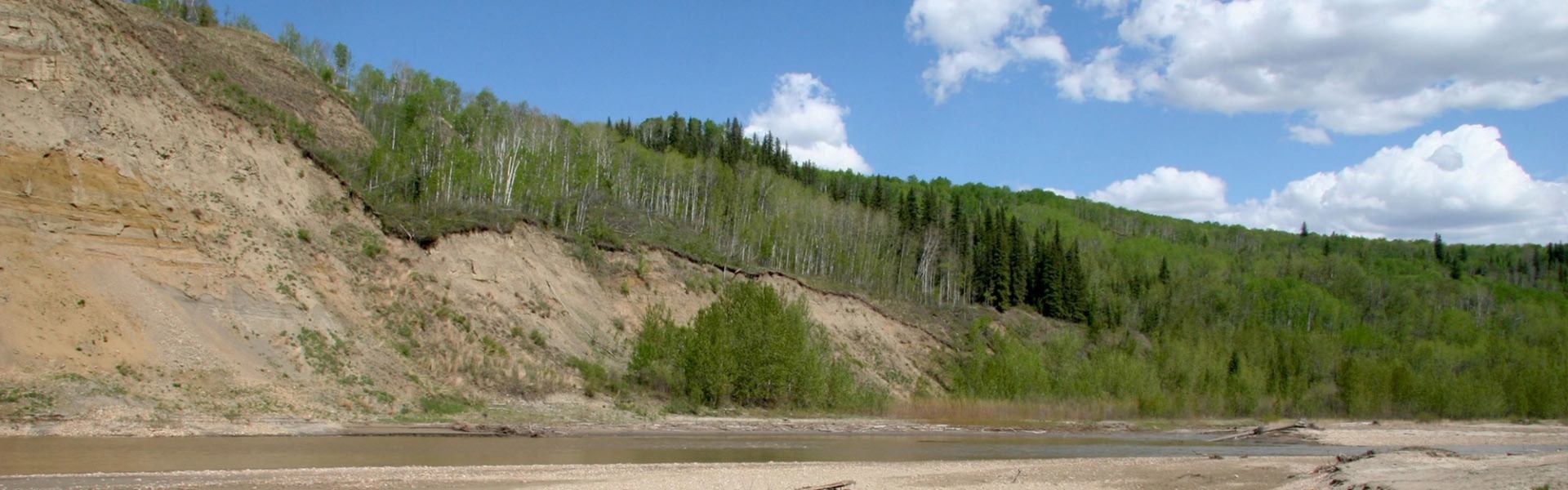 Tree-lined slopes and riverbank at Simonette PRA