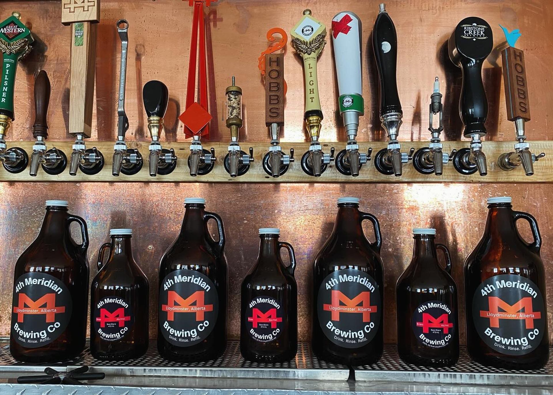 Beer taps with assorted handles above 4th Meridian Brewing Co growlers on metal shelf.